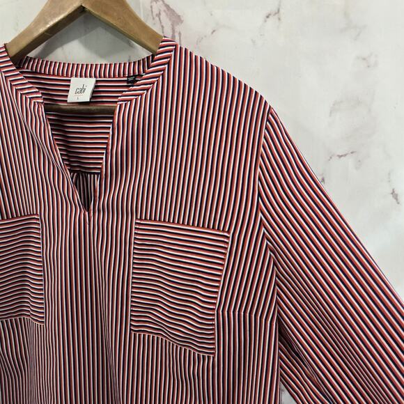 CAbi Shirt Womens Large Blouse Red Orange Blue Striped Button Up 5335 Franklin - Picture 10 of 11